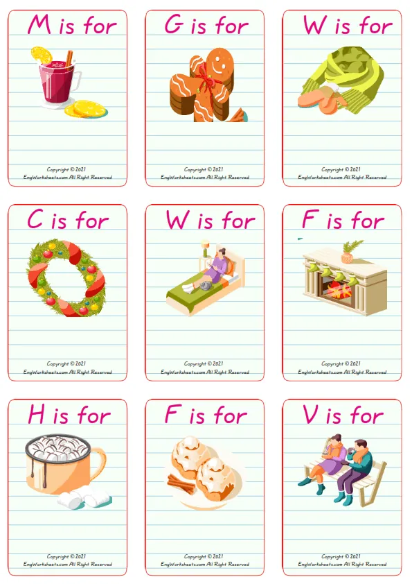 Wordless Cozy Winter vocabulary worksheet with nine images per page Worksheet Preview