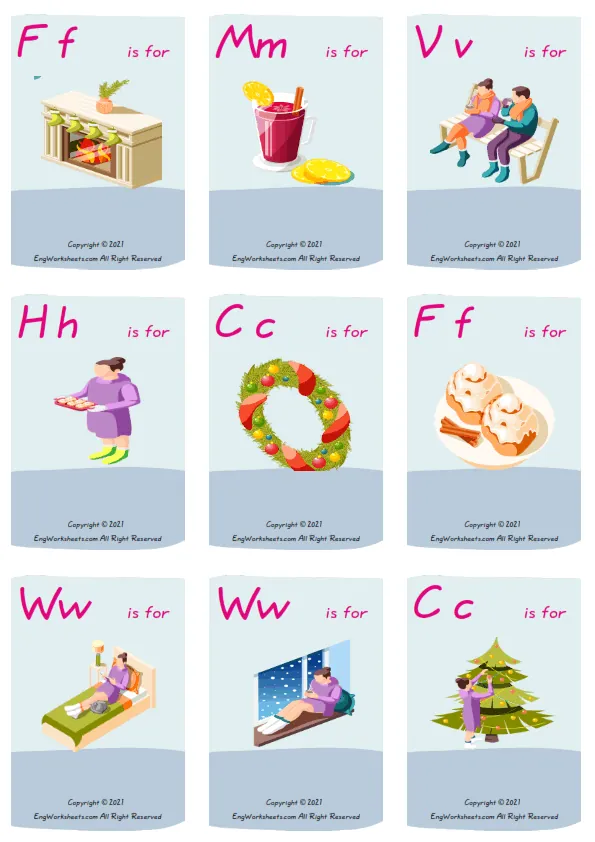 Wordless Cozy Winter vocabulary worksheet with nine images per page Worksheet Preview