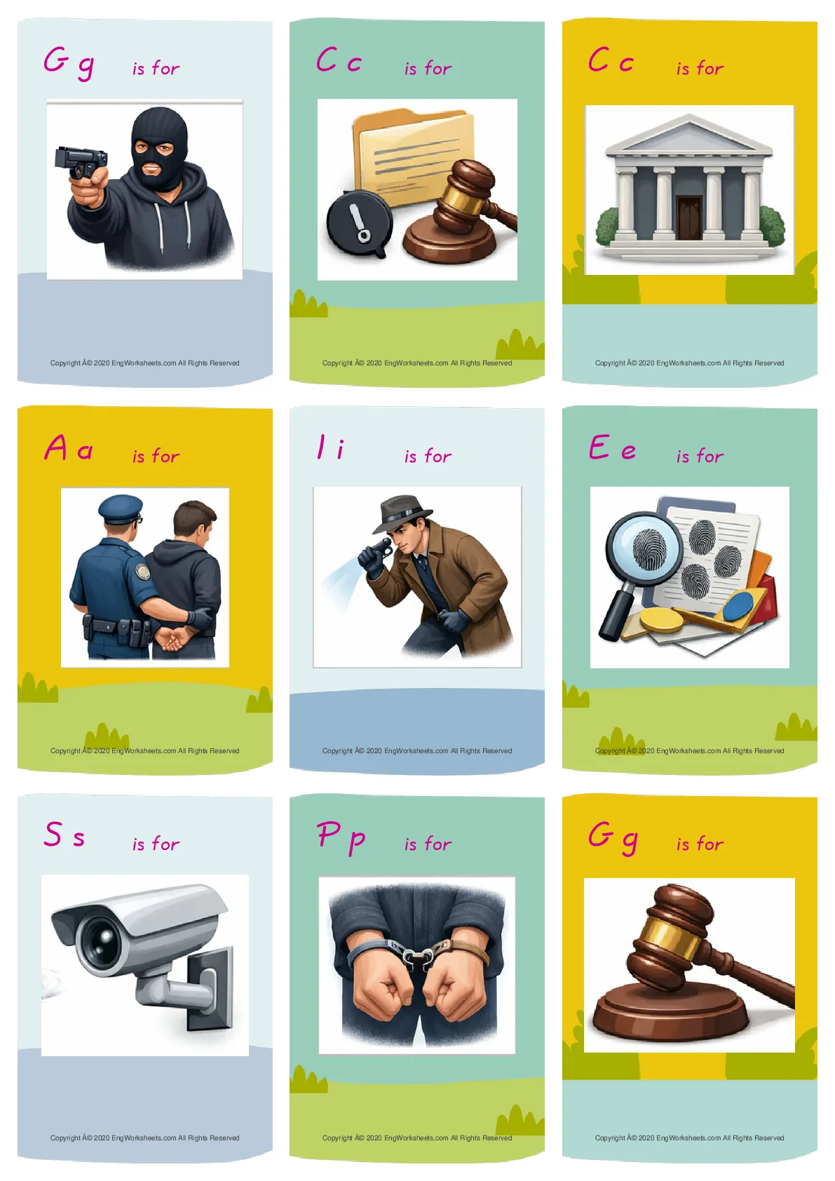 Wordless Crime & Law vocabulary worksheet with nine images per page Worksheet Preview
