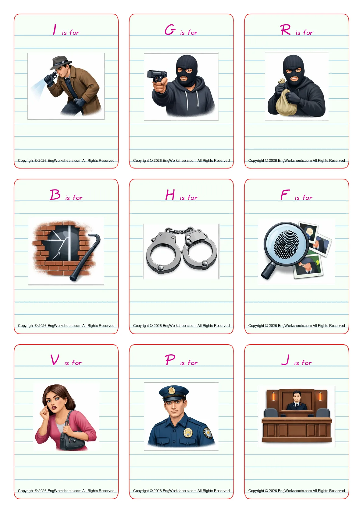Wordless Crime & Law vocabulary worksheet with nine images per page Worksheet Preview