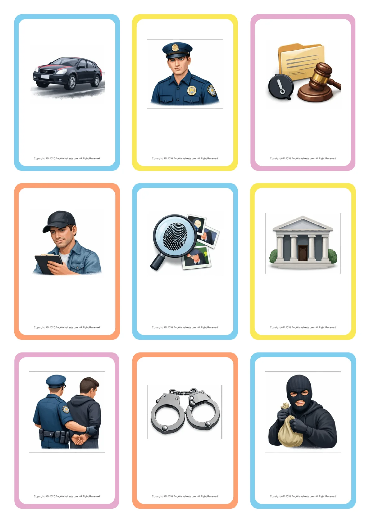 Wordless Crime & Law vocabulary worksheet with nine images per page Worksheet Preview