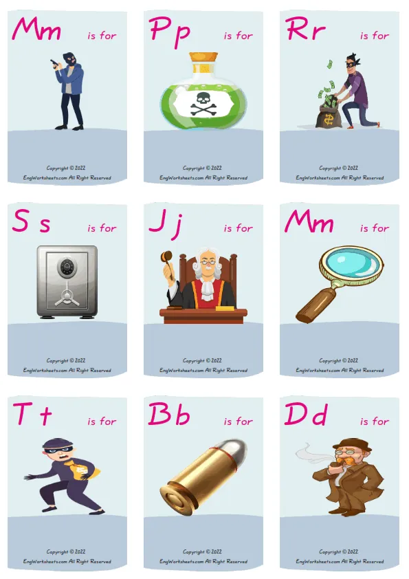Wordless Detective Stories vocabulary worksheet with nine images per page Worksheet Preview