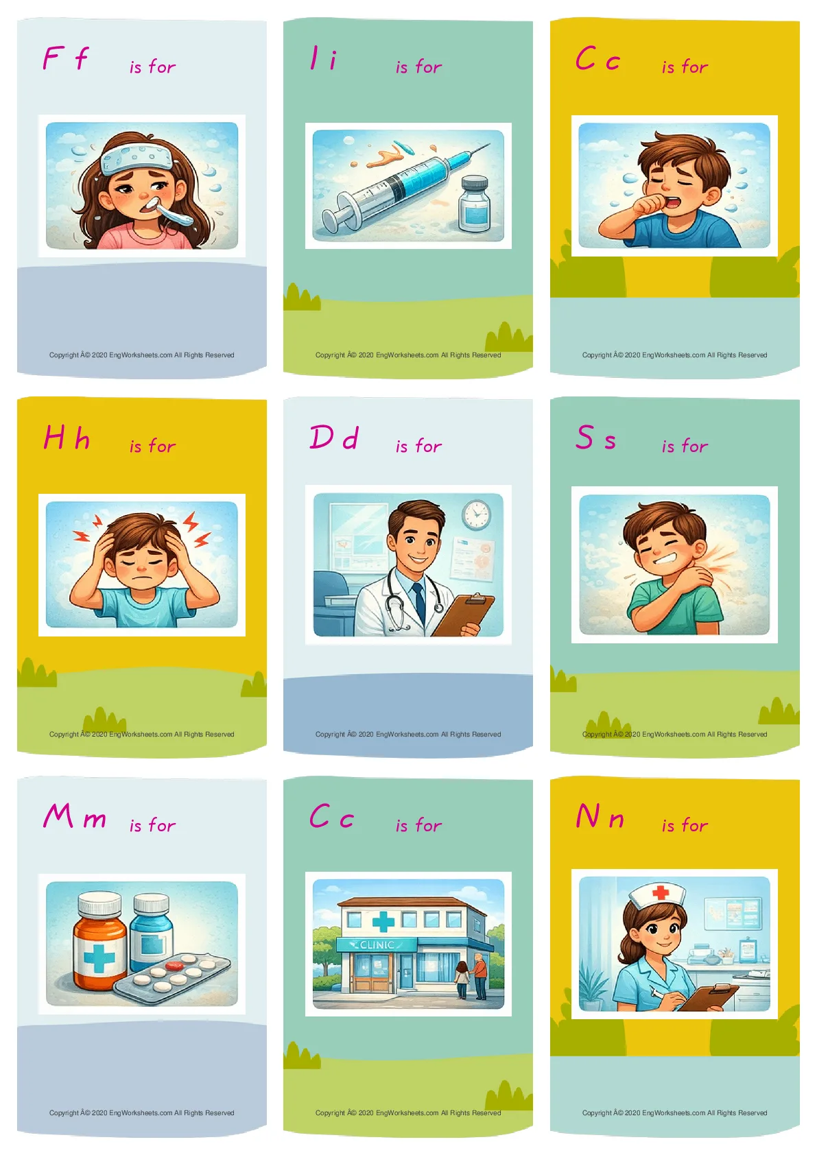 Wordless Doctor vocabulary worksheet with nine images per page