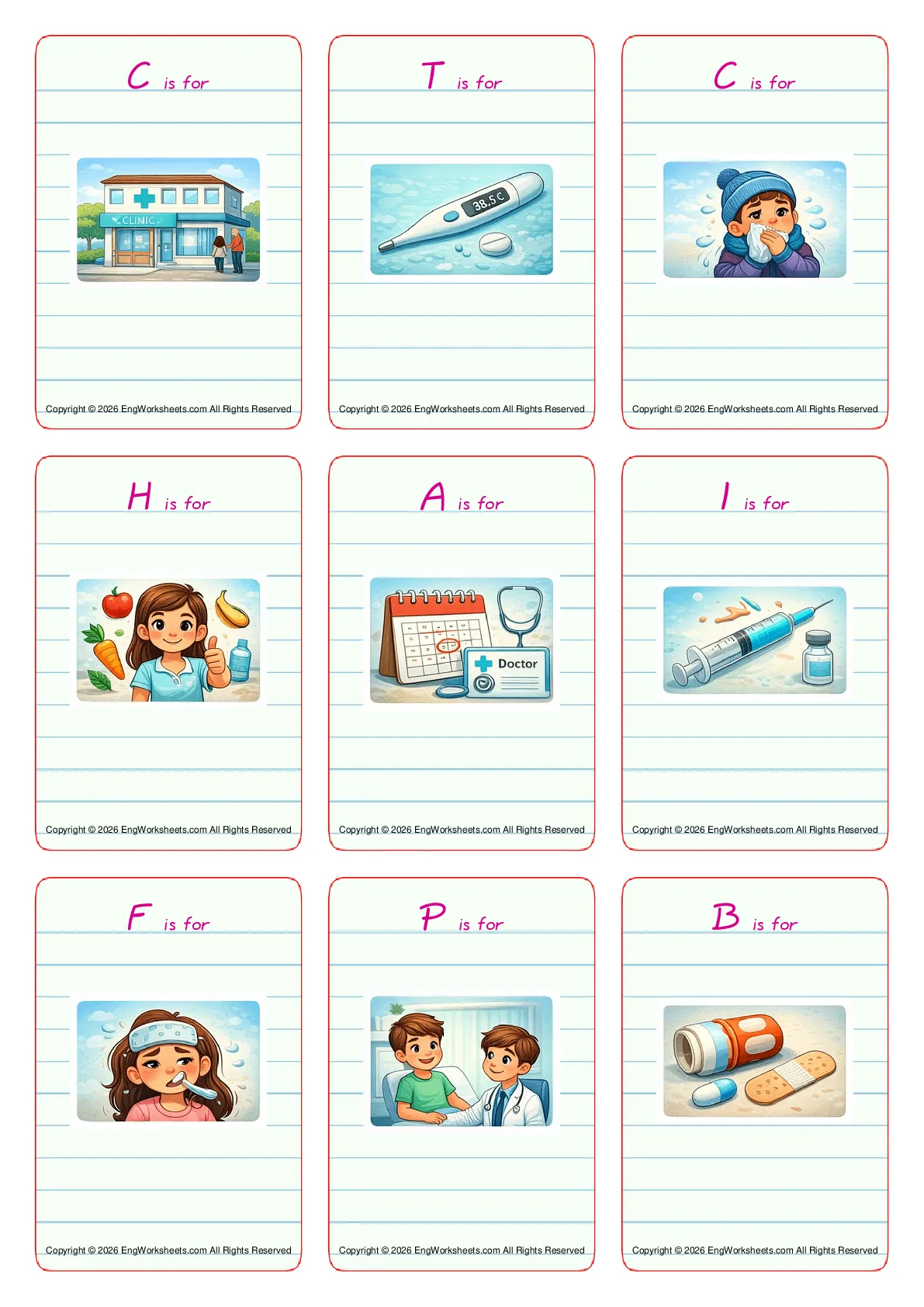 Wordless Doctor vocabulary worksheet with nine images per page