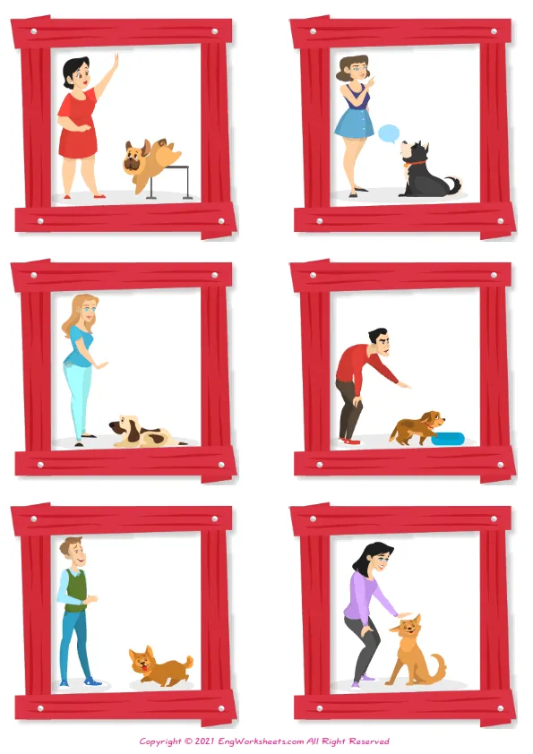Wordless Dog Training vocabulary worksheet with six images per page Worksheet Preview