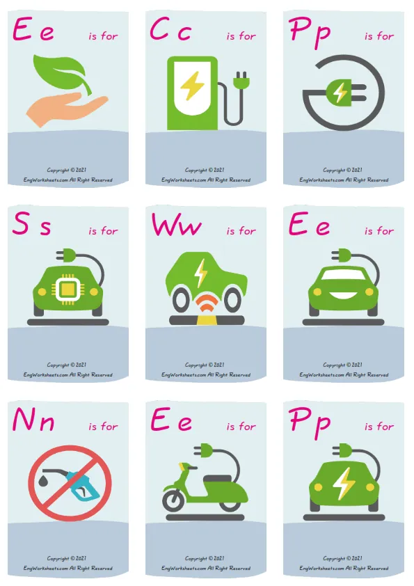 Wordless Electric Vehicle vocabulary worksheet with nine images per page Worksheet Preview