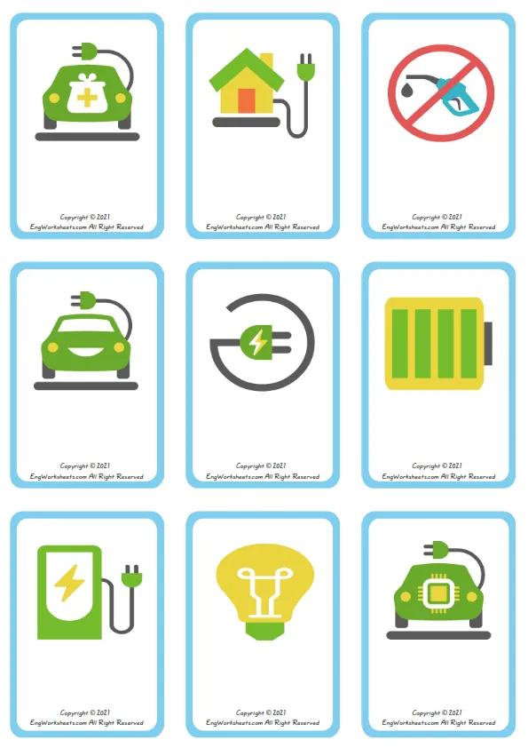 Wordless Electric Vehicle vocabulary worksheet with nine images per page Worksheet Preview