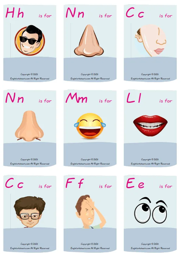 Wordless Face Parts vocabulary worksheet with nine images per page