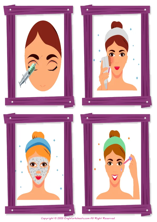 Wordless Facial Care vocabulary worksheet with four images per page Worksheet Preview