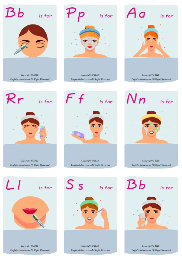Wordless Facial Care vocabulary worksheet with nine images per page Worksheet Preview