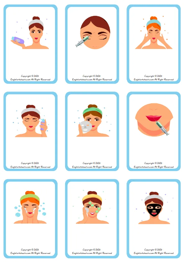 Wordless Facial Care vocabulary worksheet with nine images per page Worksheet Preview