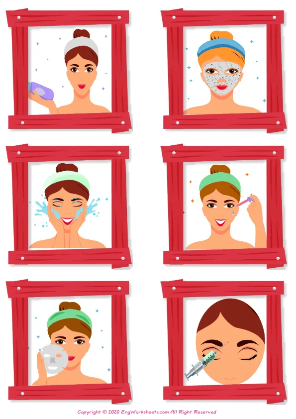 Wordless Facial Care vocabulary worksheet with six images per page Worksheet Preview