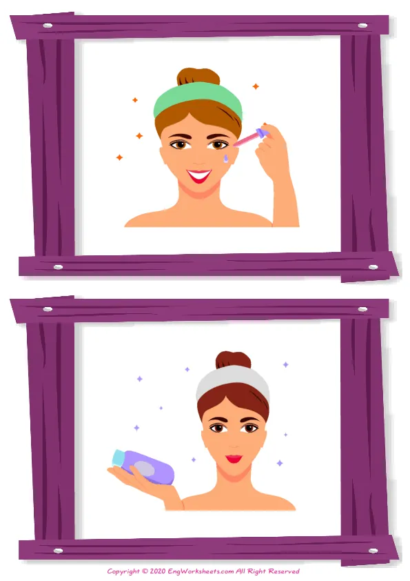 Wordless Facial Care vocabulary worksheet with two images per page Worksheet Preview