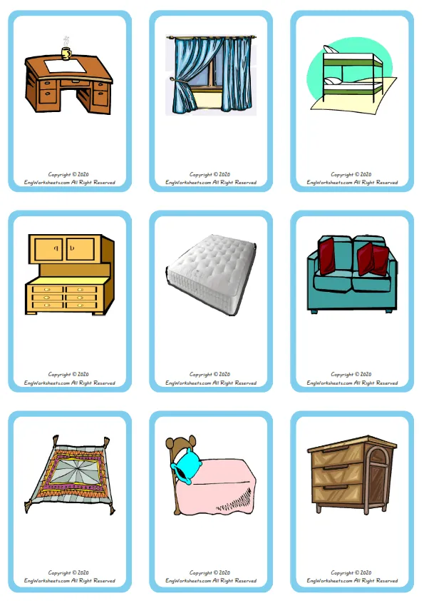 Wordless Furniture vocabulary worksheet with nine images per page Worksheet Preview