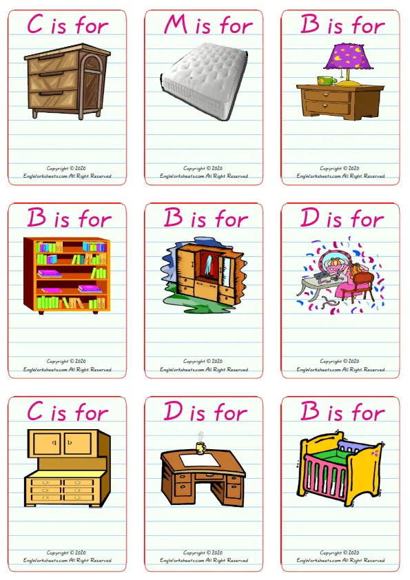 Wordless Furniture vocabulary worksheet with nine images per page Worksheet Preview