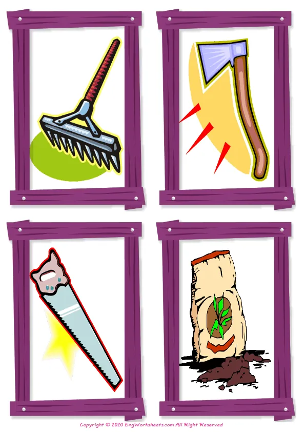 Wordless Garden Parts vocabulary worksheet with four images per page