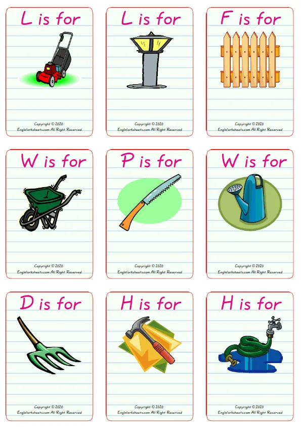 Wordless Garden Parts vocabulary worksheet with nine images per page