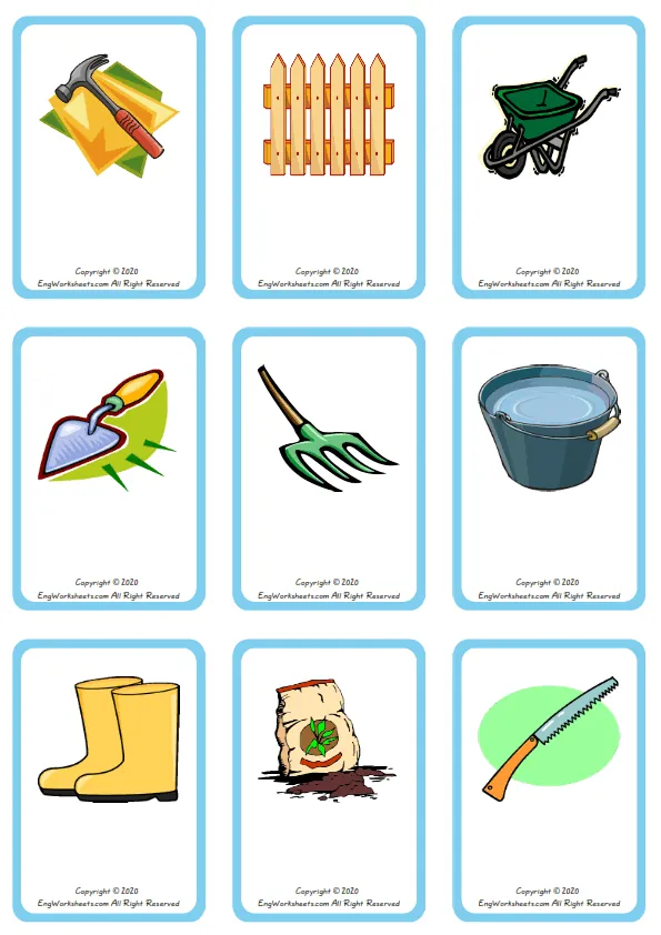 Wordless Garden Parts vocabulary worksheet with nine images per page