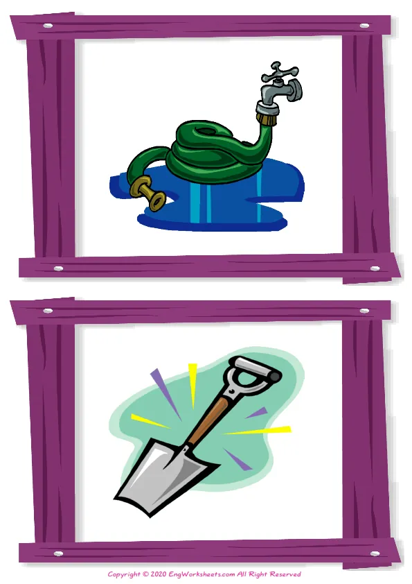 Wordless Garden Parts vocabulary worksheet with two images per page