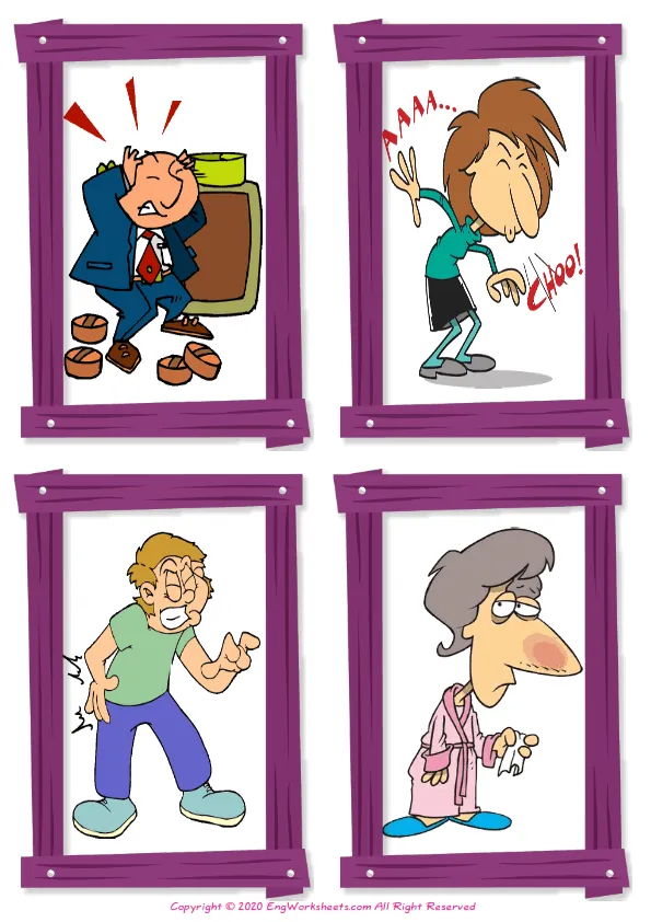 Wordless Health Problems vocabulary worksheet with four images per page