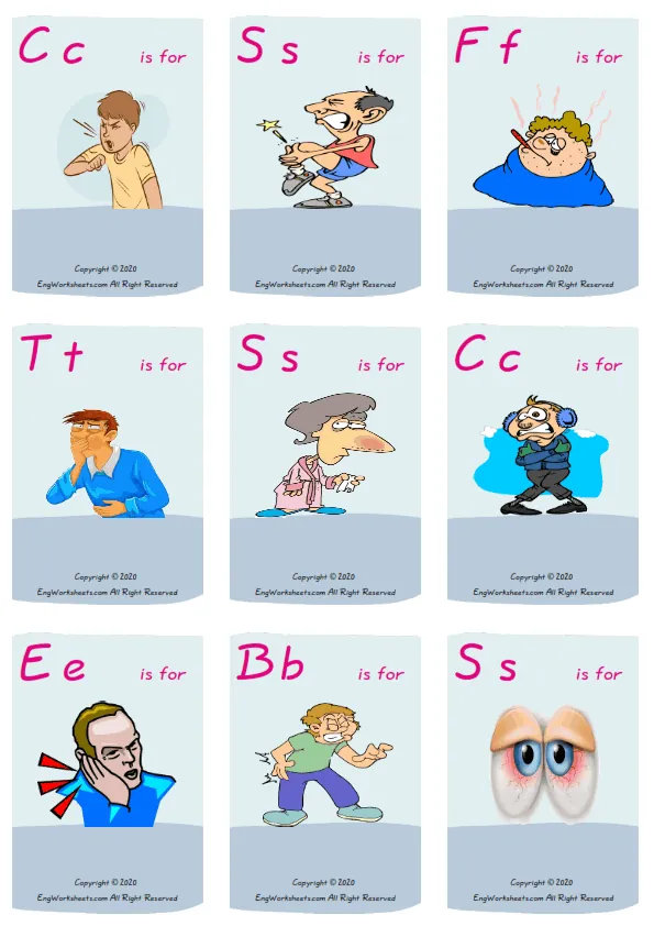 Wordless Health Problems vocabulary worksheet with nine images per page