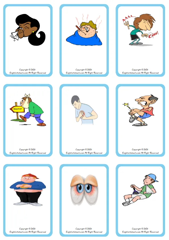 Wordless Health Problems vocabulary worksheet with nine images per page