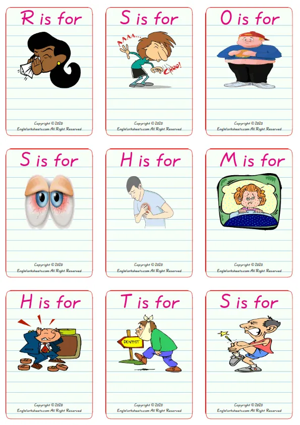 Wordless Health Problems vocabulary worksheet with nine images per page