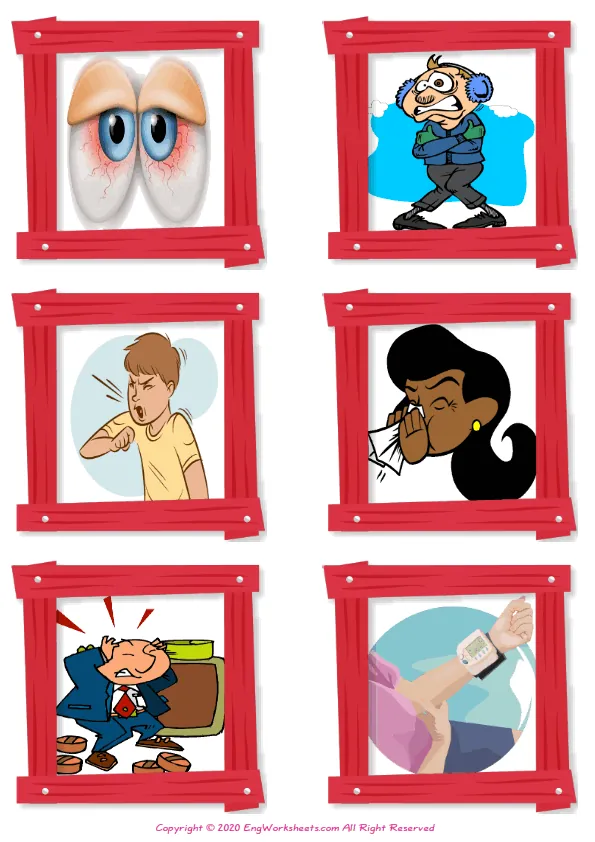 Wordless Health Problems vocabulary worksheet with six images per page