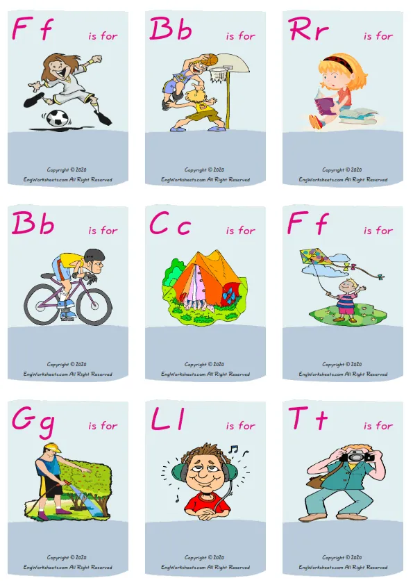 Wordless Hobbies vocabulary worksheet with nine images per page