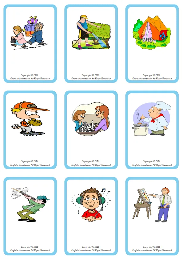 Wordless Hobbies vocabulary worksheet with nine images per page