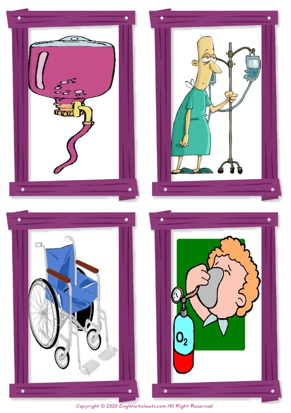 Wordless Hospital vocabulary worksheet with four images per page