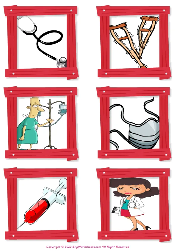 Wordless Hospital vocabulary worksheet with six images per page