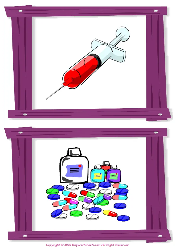 Wordless Hospital vocabulary worksheet with two images per page