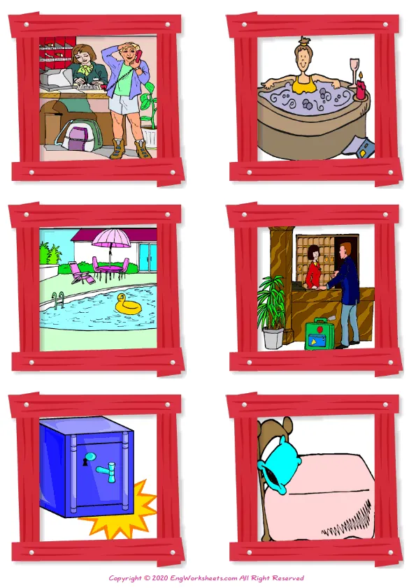 Wordless Hotel vocabulary worksheet with six images per page Worksheet Preview