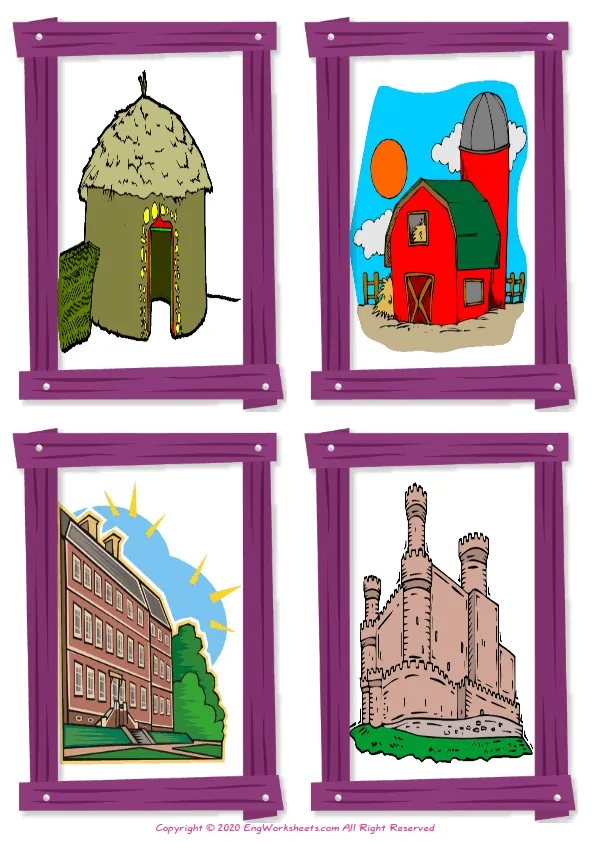 Wordless Houses Homes vocabulary worksheet with four images per page Worksheet Preview
