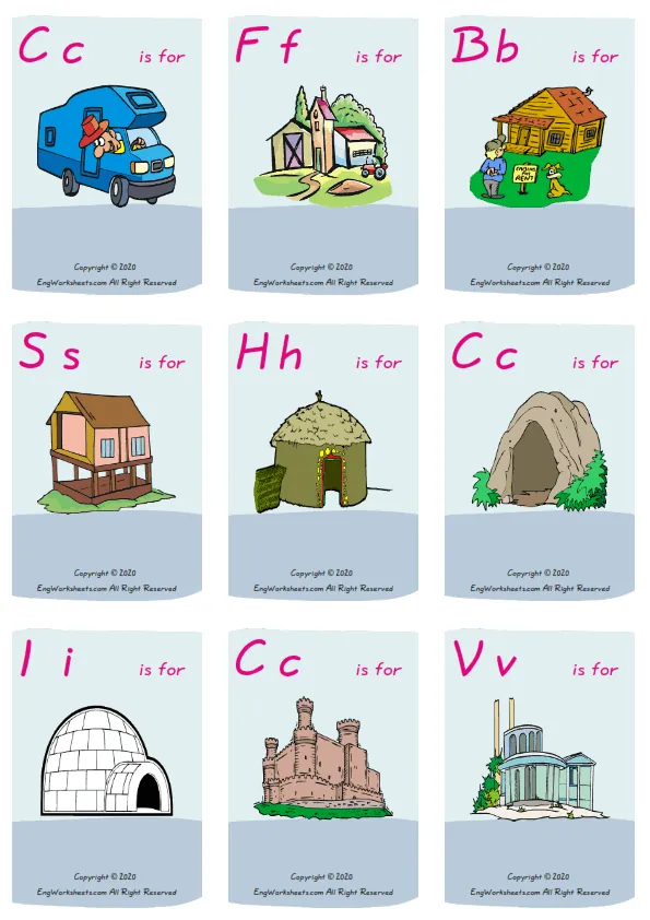 Wordless Houses Homes vocabulary worksheet with nine images per page Worksheet Preview