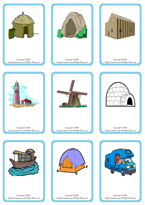 Wordless Houses Homes vocabulary worksheet with nine images per page Worksheet Preview