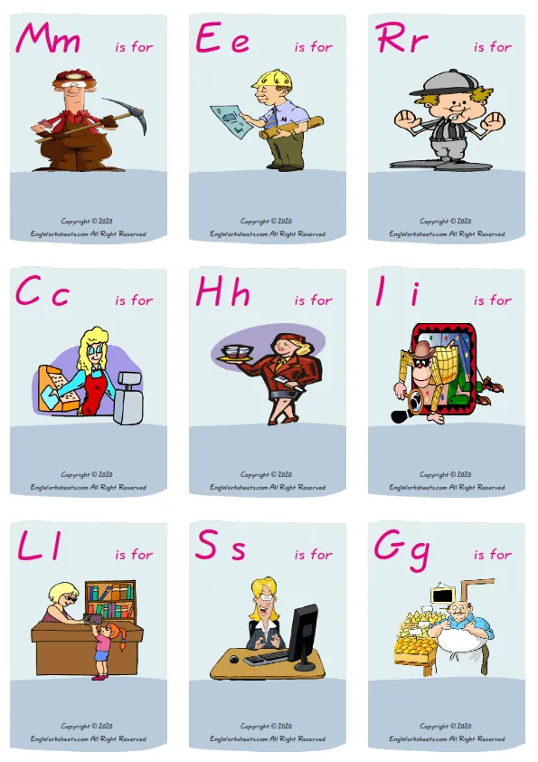 Wordless Jobs Occupations vocabulary worksheet with nine images per page