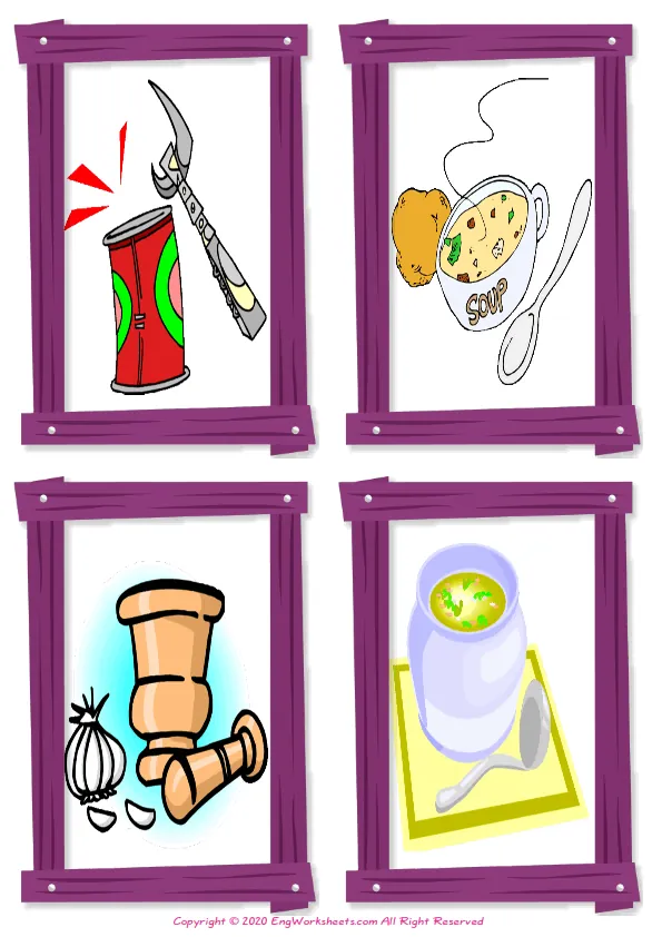 Wordless Kitchen vocabulary worksheet with four images per page Worksheet Preview