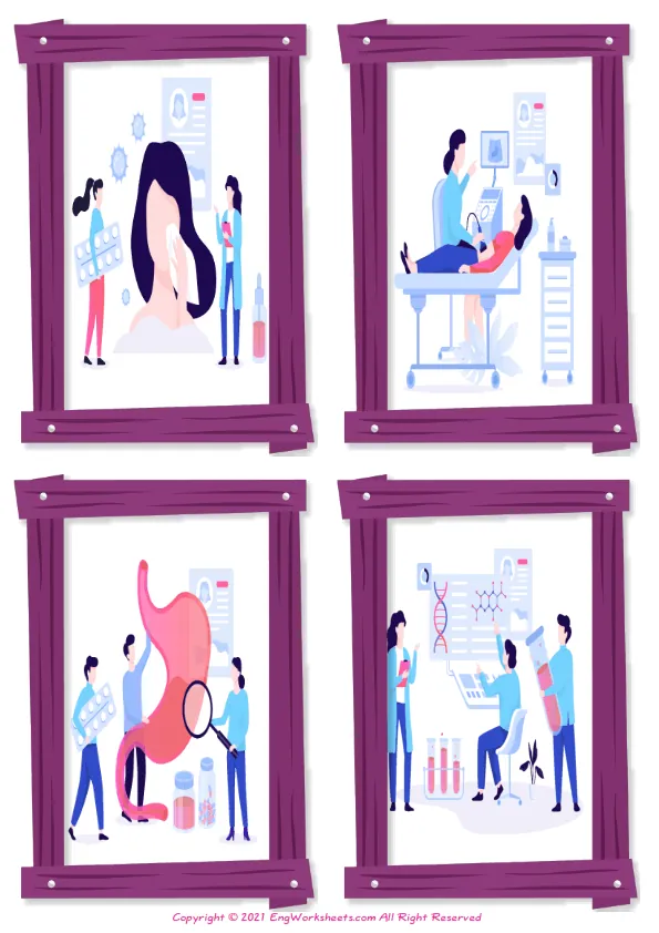 Wordless Medical Professions vocabulary worksheet with four images per page Worksheet Preview