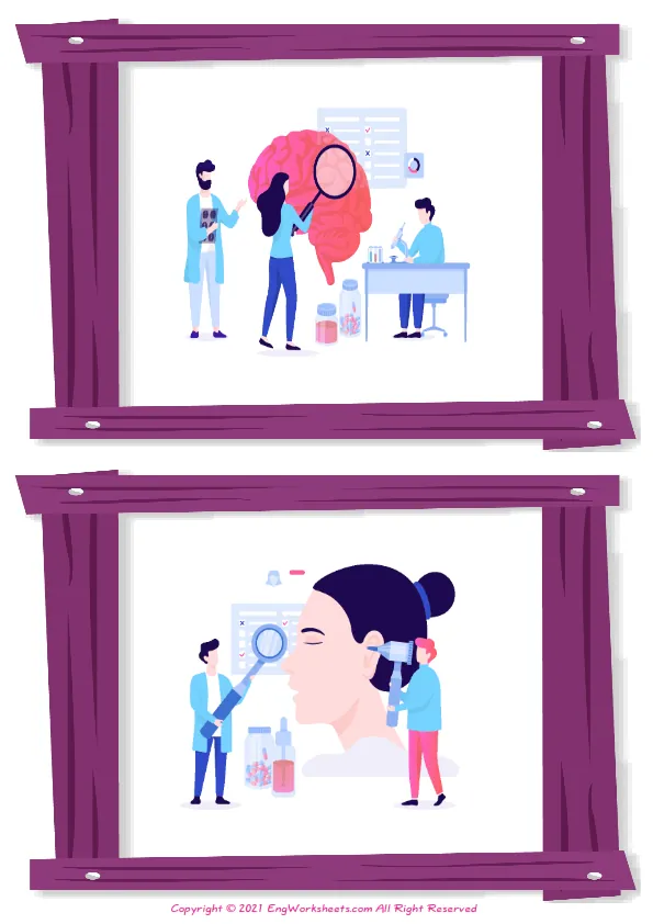 Wordless Medical Professions vocabulary worksheet with two images per page Worksheet Preview