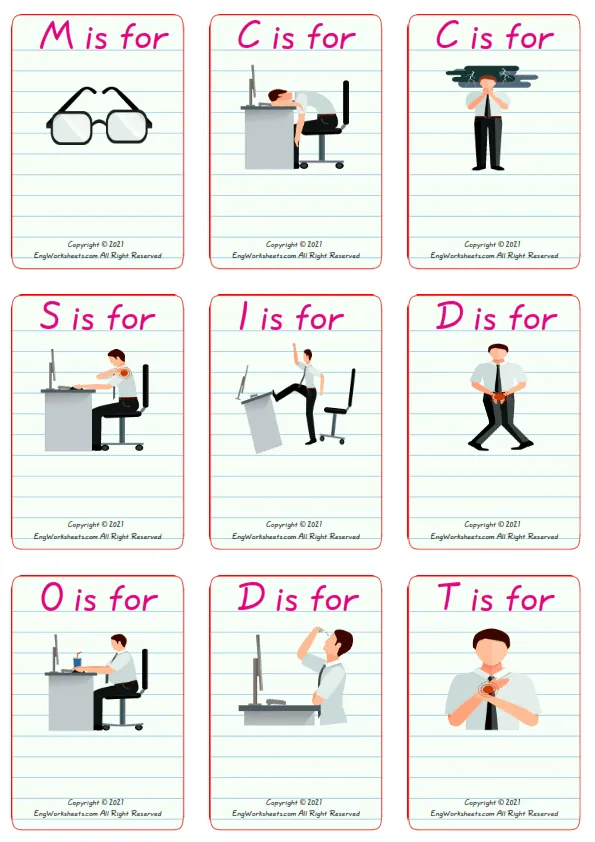 Wordless Office Syndrome vocabulary worksheet with nine images per page Worksheet Preview