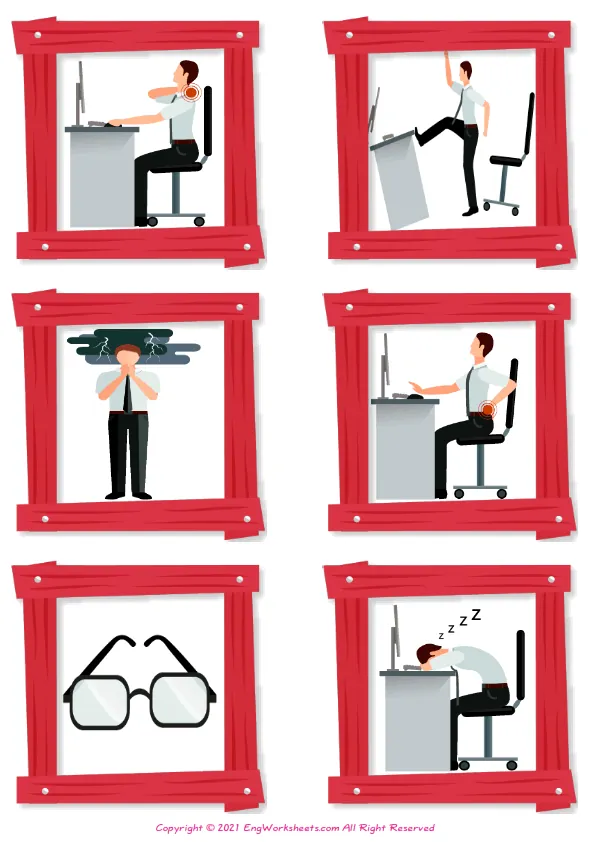 Wordless Office Syndrome vocabulary worksheet with six images per page Worksheet Preview