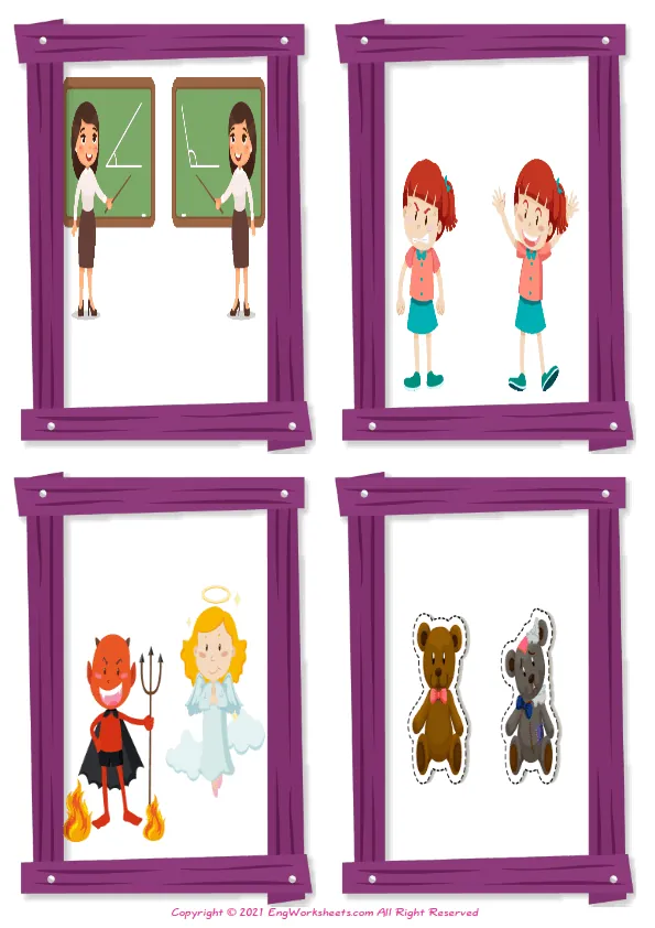 Wordless Opposites vocabulary worksheet with four images per page Worksheet Preview