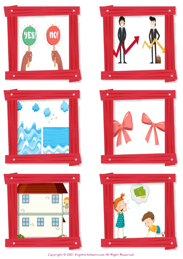 Wordless Opposites vocabulary worksheet with six images per page Worksheet Preview