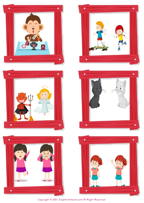 Wordless Opposites vocabulary worksheet with six images per page Worksheet Preview