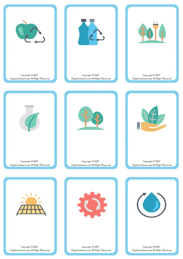 Wordless Recycling Energy vocabulary worksheet with nine images per page Worksheet Preview
