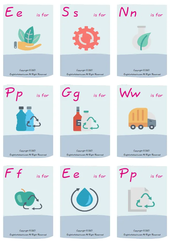Wordless Recycling Energy vocabulary worksheet with nine images per page Worksheet Preview