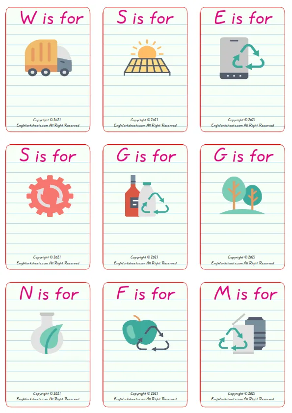 Wordless Recycling Energy vocabulary worksheet with nine images per page Worksheet Preview