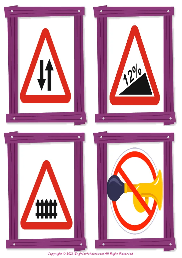 Wordless Road Signs vocabulary worksheet with four images per page Worksheet Preview